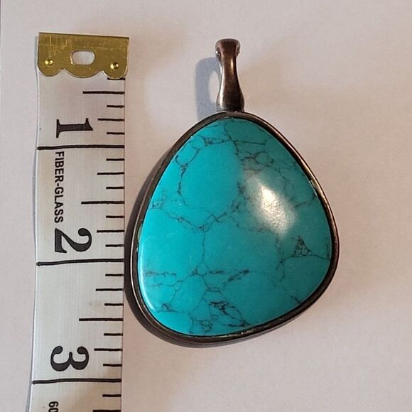 Vintage Brass Tone Cabochon Enhancer Imitation Turquoise Pendant Southwestern - Picture 8 of 8